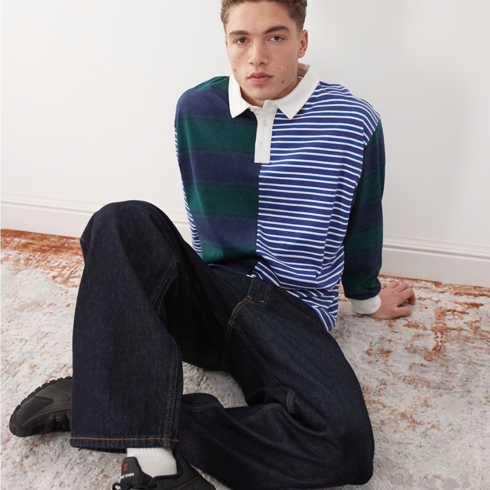 COLLUSION x Asos Men’s Large Long Sleeve Spliced Rugby Polo Shirt Green Blue